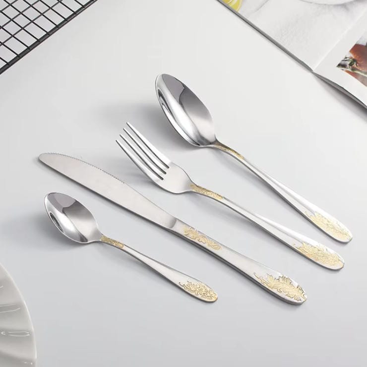 72PCS Silver Gold Carved Stainless Steel Cutlery Set with Wood Grain Gift Box
