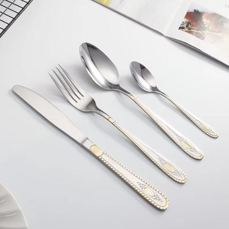 72PCS Silver Gold Carved Stainless Steel Cutlery Set with Wood Grain Gift Box