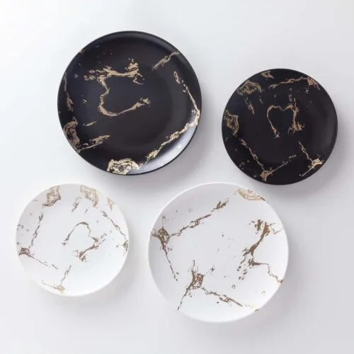 black white and gold marble plate set