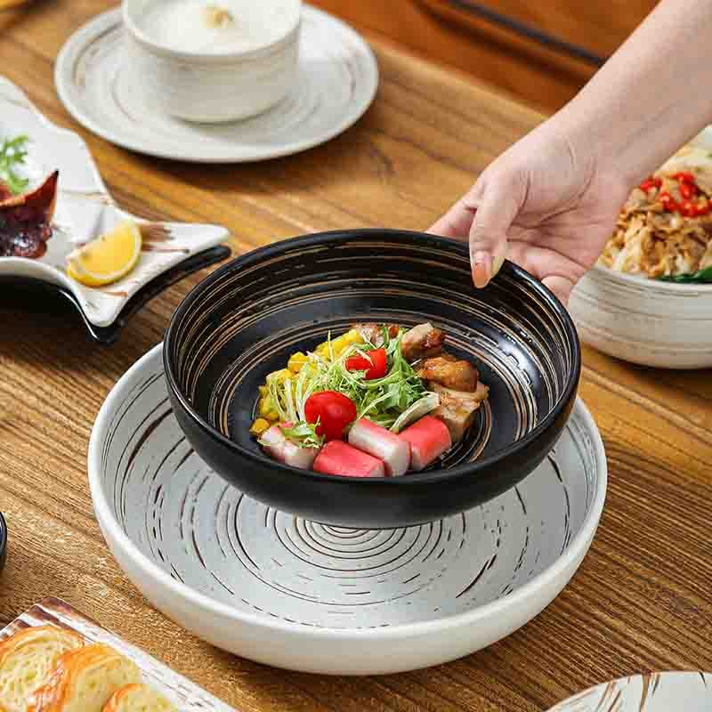 Black and White Spiral Texture Bowls Plates Tableware Sets Japanese Style