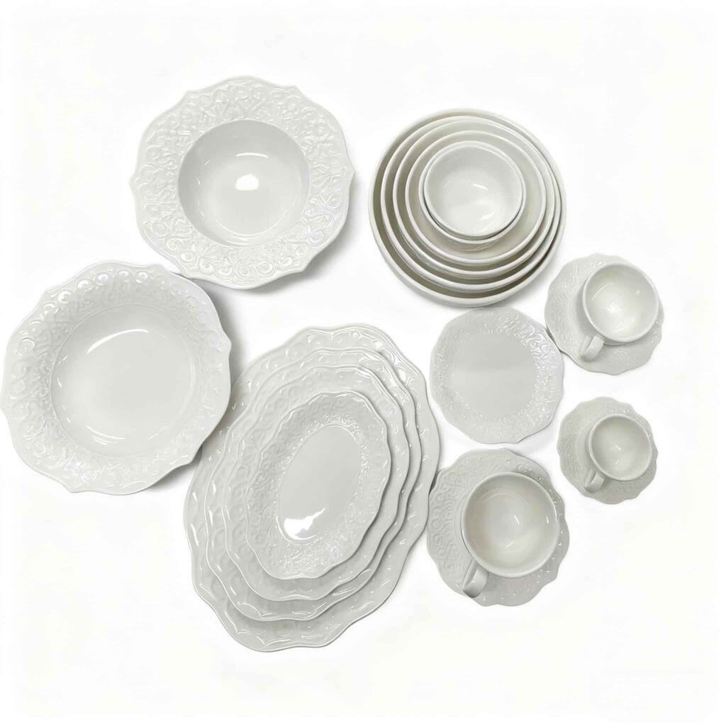 white fine china embossed ceramic plate lace relief porcelain plate set
