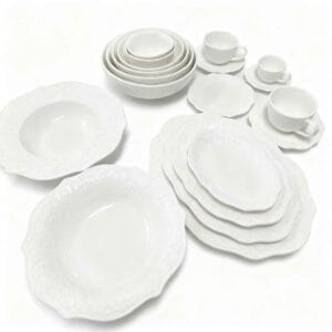White Fine China Ceramic Plate Set Embossed Lace Relief Porcelain Tableware