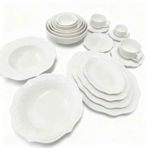 White Fine China Ceramic Plate Set Embossed Lace Relief Porcelain Tableware