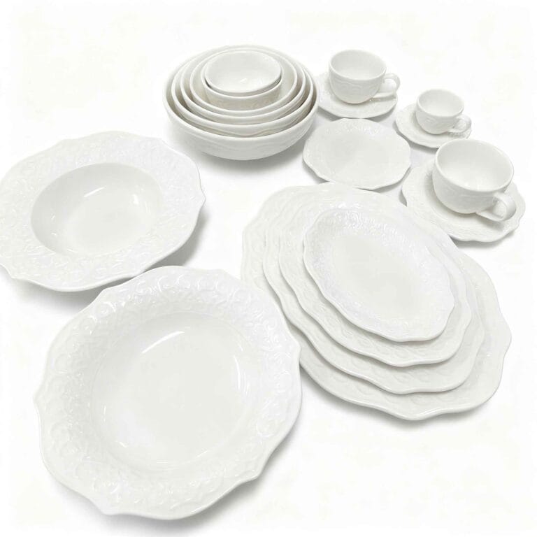 White Fine China Ceramic Plate Set Embossed Lace Relief Porcelain Tableware
