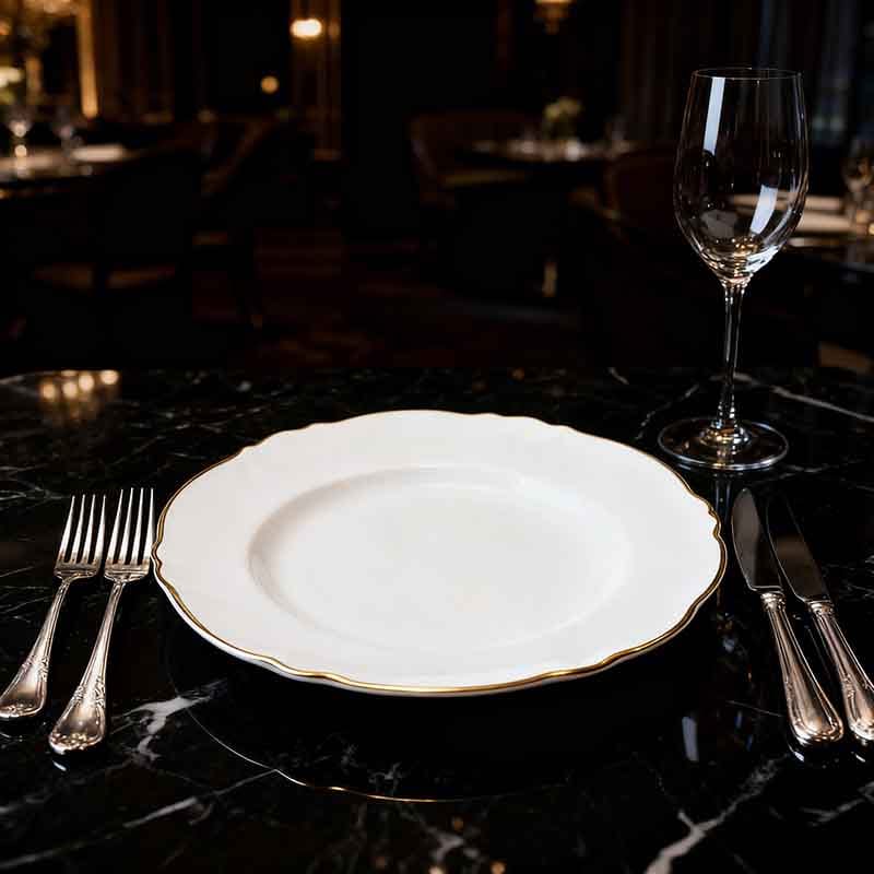 white bone china dinner plate with gilded wavy edge