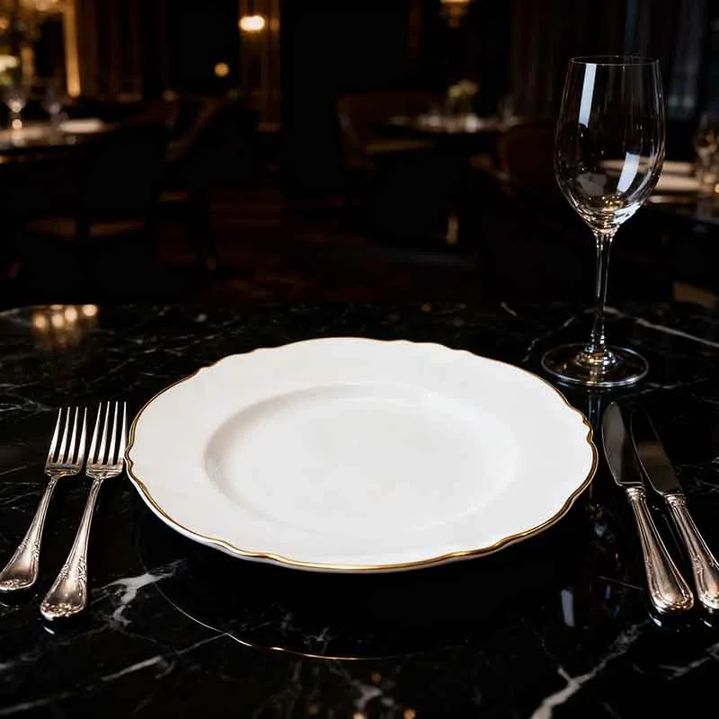 white bone china dinner plate with gilded wavy edge