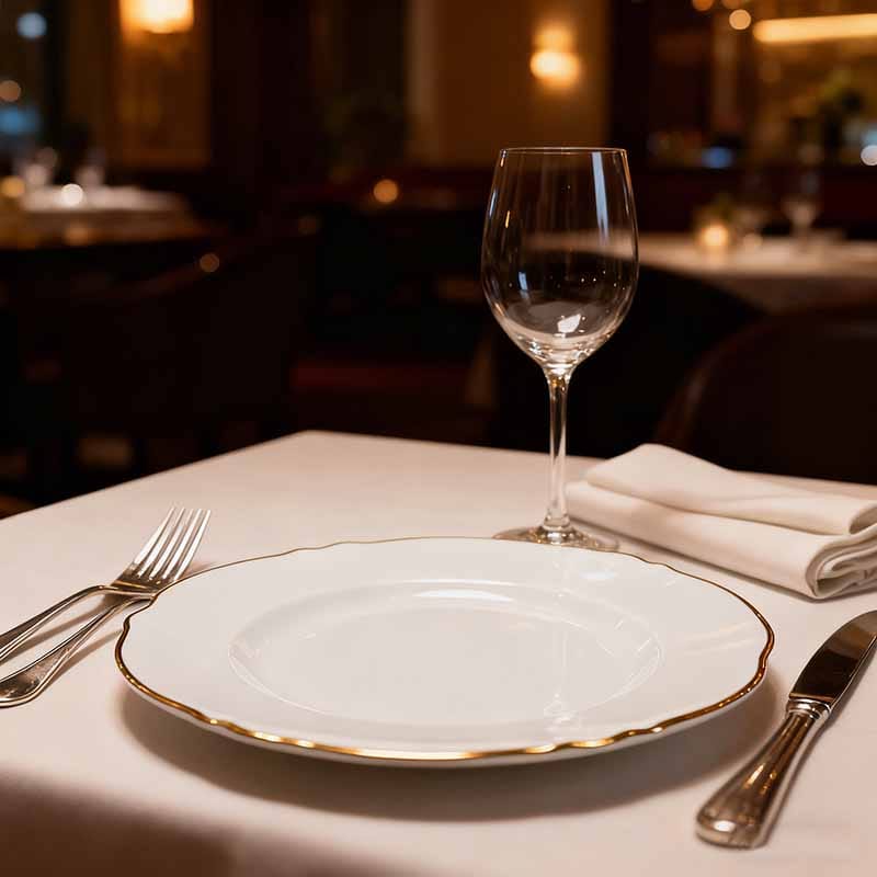 white bone china dinner plate with gilded wavy edge