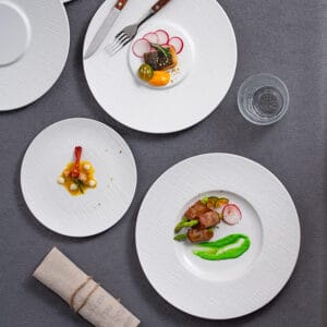 Textured Rim White Ceramic Dinner Plates
