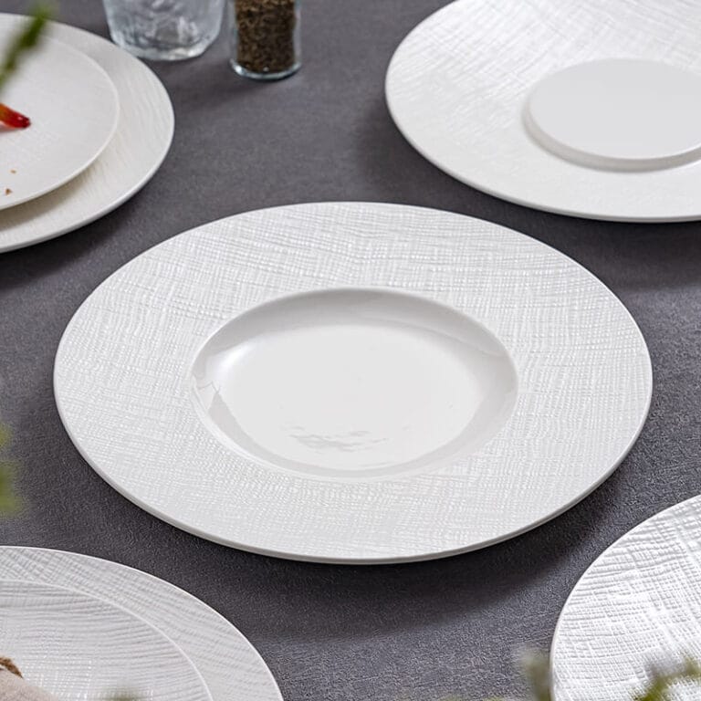 Textured Rim White Ceramic Dinner Plates