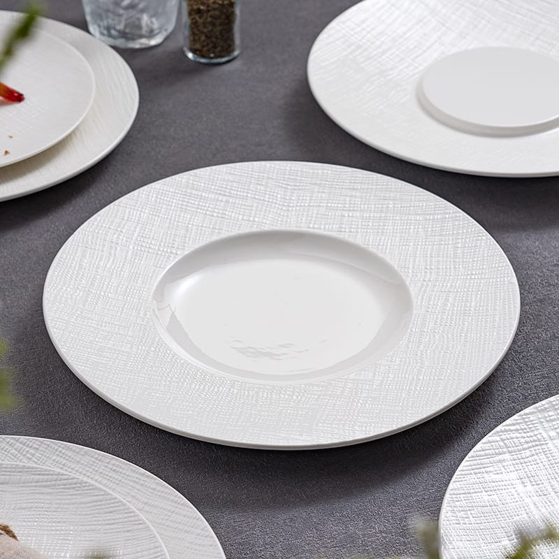 Textured Rim White Ceramic Dinner Plates