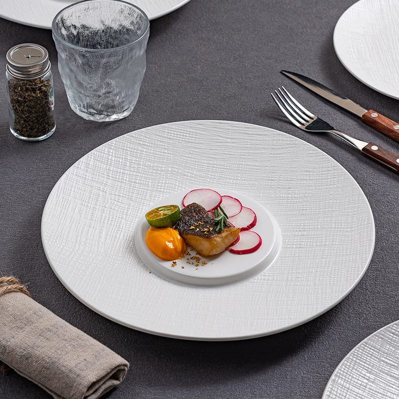 Textured Rim White Ceramic Dinner Plates