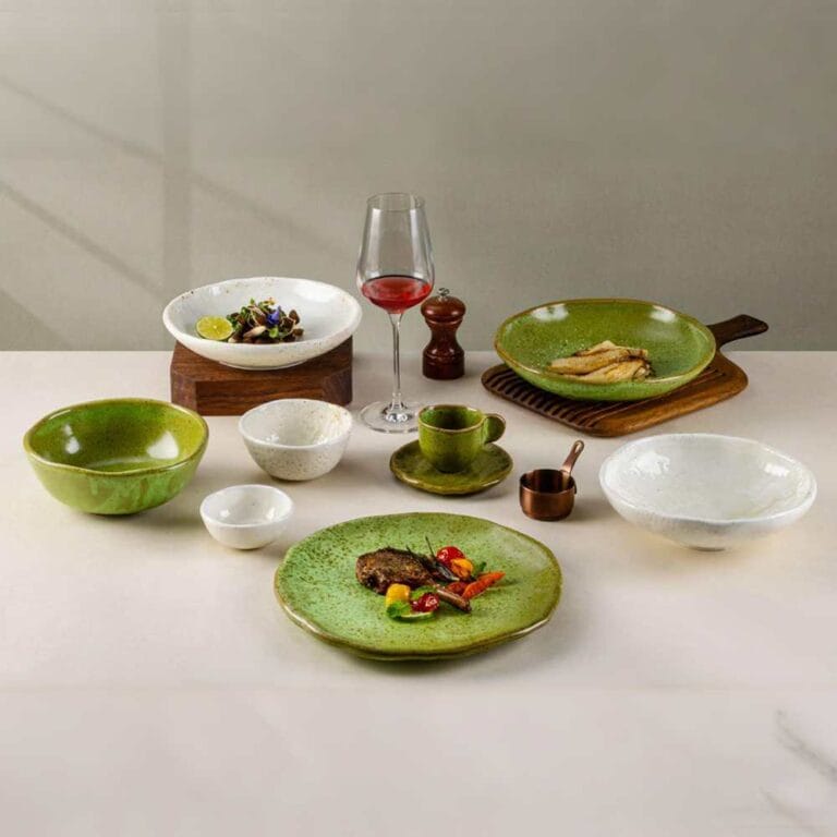 Kiln-Transformed Glaze Ceramic Tableware Set - Green White Reto Japanese Style