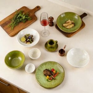 Kiln-Transformed Glaze Ceramic Tableware Set - Green White Reto Japanese Style