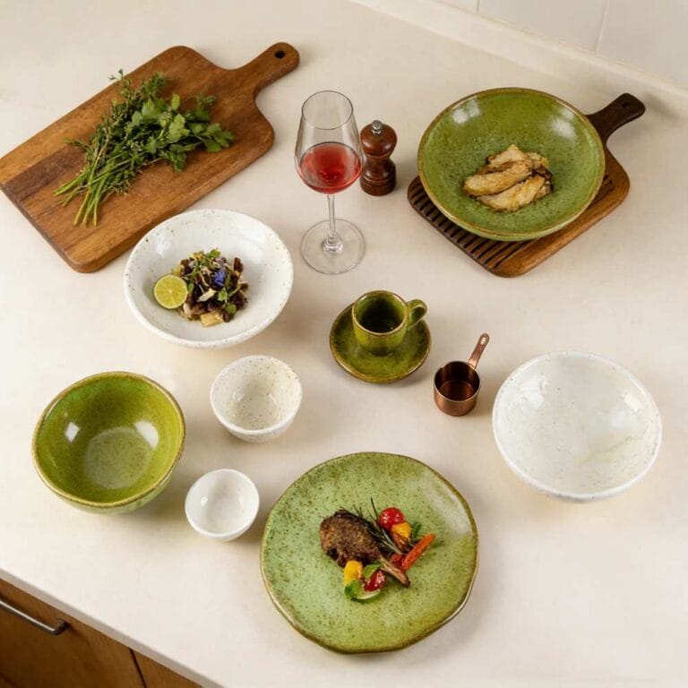 Kiln-Transformed Glaze Ceramic Tableware Set - Green White Reto Japanese Style