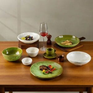 Kiln-Transformed Glaze Ceramic Tableware Set - Green White Reto Japanese Style