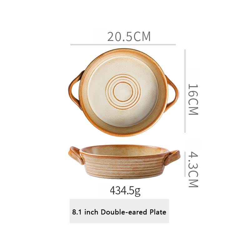 Warm Brown Stripe Vintage Stoneware Ceramic Tableware Set-double-ear plate