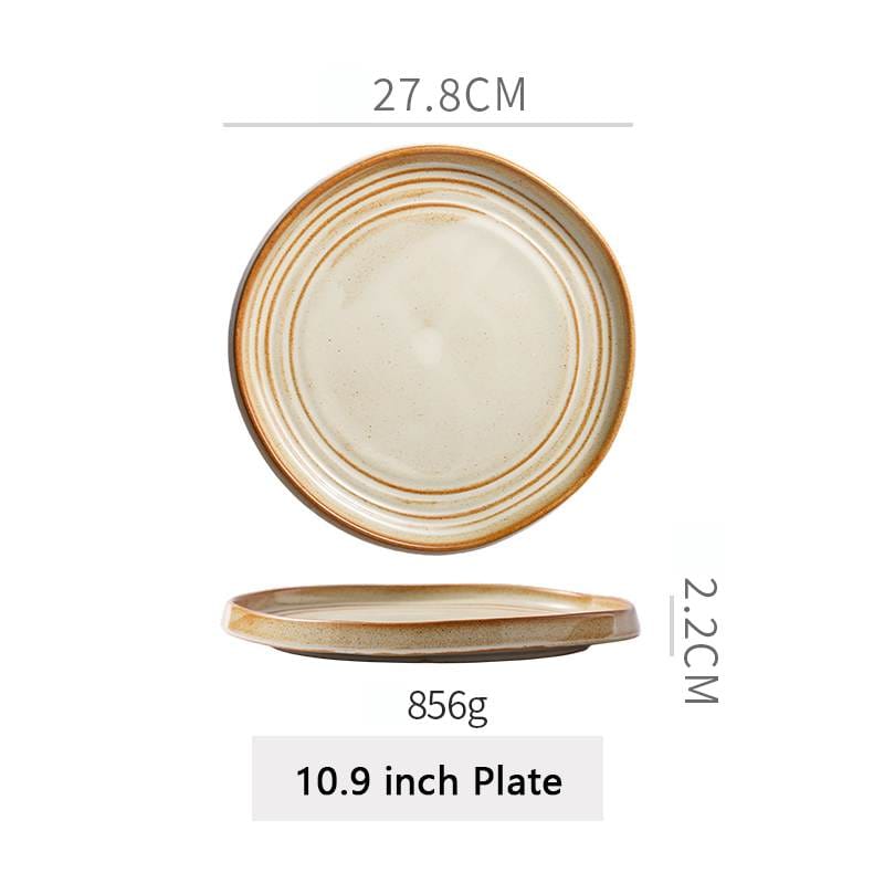 Warm Brown Stripe Vintage Stoneware Ceramic Tableware Set-round plate