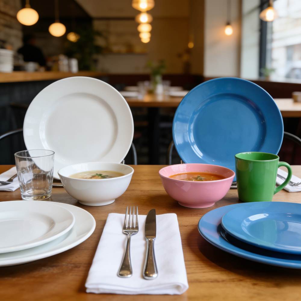 white and colored restaurant dinnerware