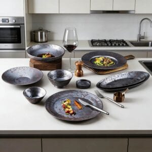 Vintage Distressed Metallic Glaze Ceramic Tableware Collection - Industrial Style Plates Bowls Set