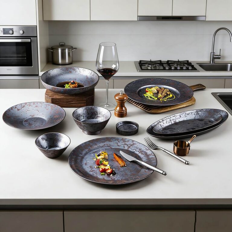 Vintage Distressed Metallic Glaze Ceramic Tableware Collection - Industrial Style Plates Bowls Set