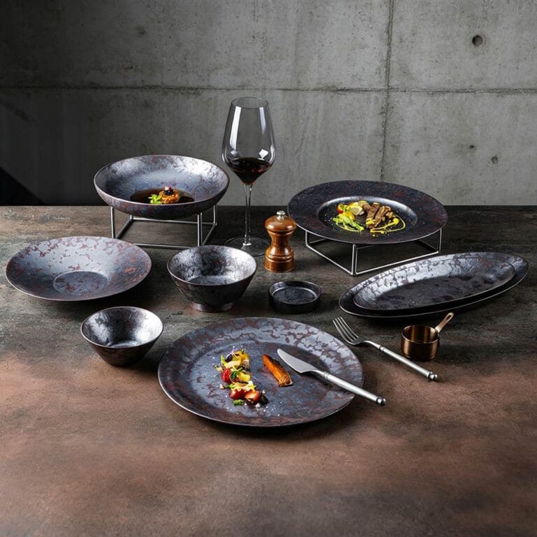 Vintage Distressed Metallic Glaze Ceramic Tableware Collection - Industrial Style Plates Bowls Set