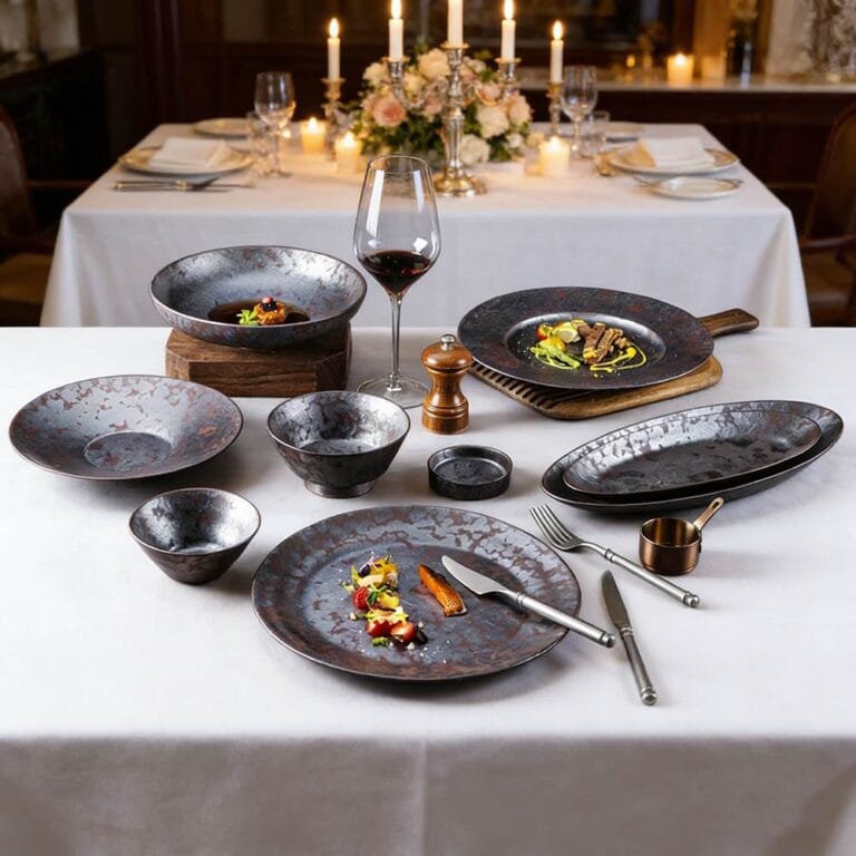 Vintage Distressed Metallic Glaze Ceramic Tableware Collection - Industrial Style Plates Bowls Set