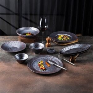 Vintage Distressed Metallic Glaze Ceramic Tableware Collection - Industrial Style Plates Bowls Set