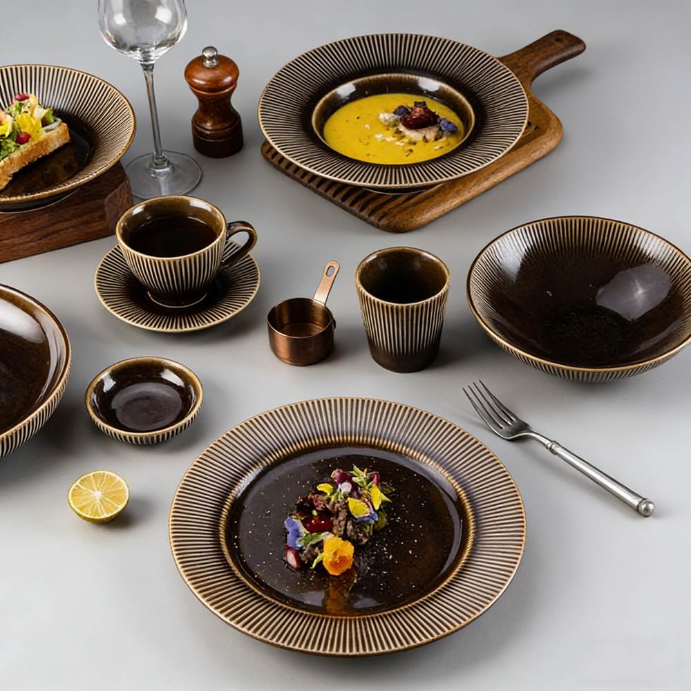 Dark Brown Gilded Vertical Texture High-Temperature Kiiln Change Ceramic Tableware Set
