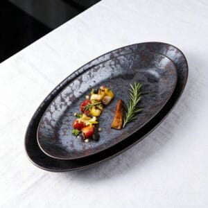 Vintage Distressed Metallic Glaze Ceramic Tableware Collection - Industrial Style Oval Plate