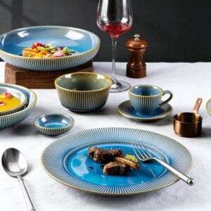 Gradient Peacock Blue Glaze Ceramic Dinnerware Set