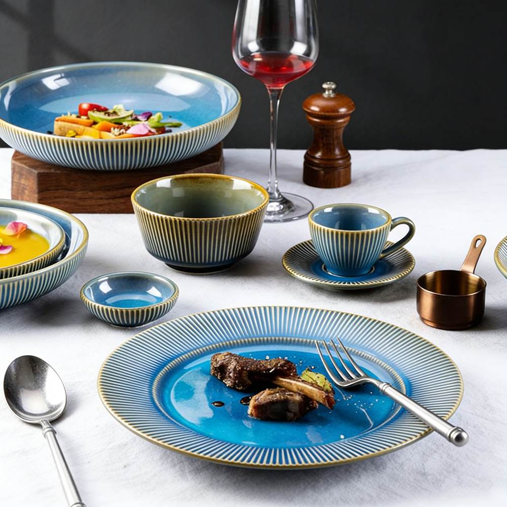 Gradient Peacock Blue Glaze Ceramic Dinnerware Set