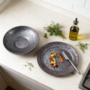 Vintage Distressed Metallic Glaze Ceramic Tableware Collection - Industrial Style Plates Bowls Set