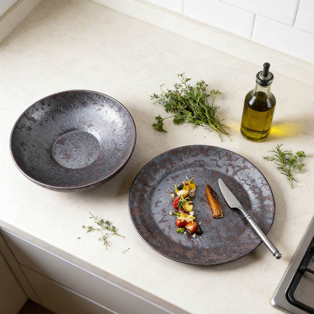 Vintage Distressed Metallic Glaze Ceramic Tableware Collection - Industrial Style Plates Bowls Set