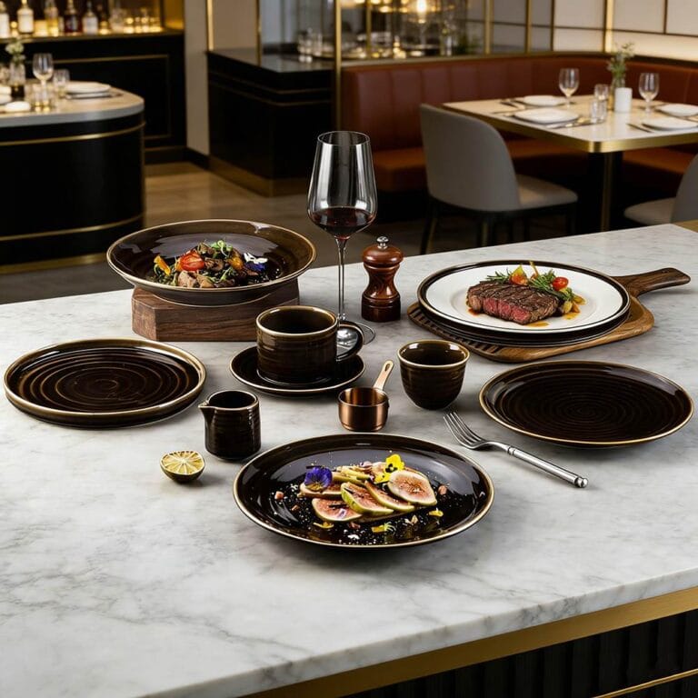 Dark Brown Swirl Color-Block Glaze Ceramic Dinnerware Set