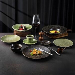 Dark Green & Brown Mottled Grain Glaze Ceramic Tableware Set