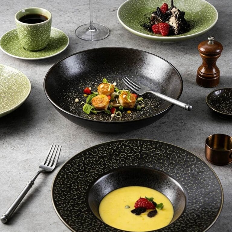 Dark Green & Brown Mottled Grain Glaze Ceramic Tableware Set