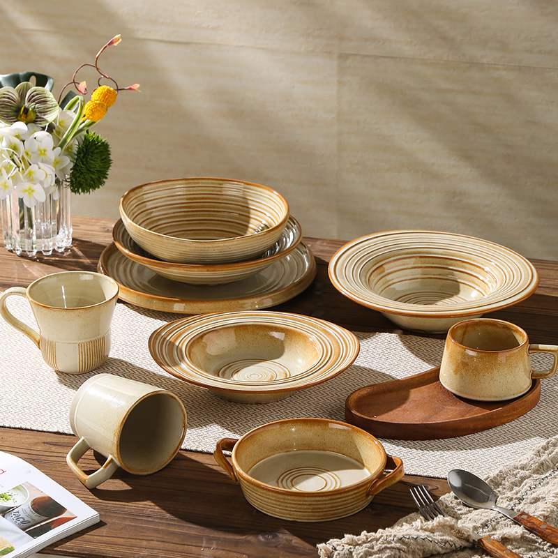 Warm Brown Stripe Vintage Stoneware Ceramic Tableware Set