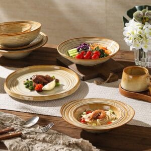 Warm Brown Stripe Vintage Stoneware Ceramic Tableware Set
