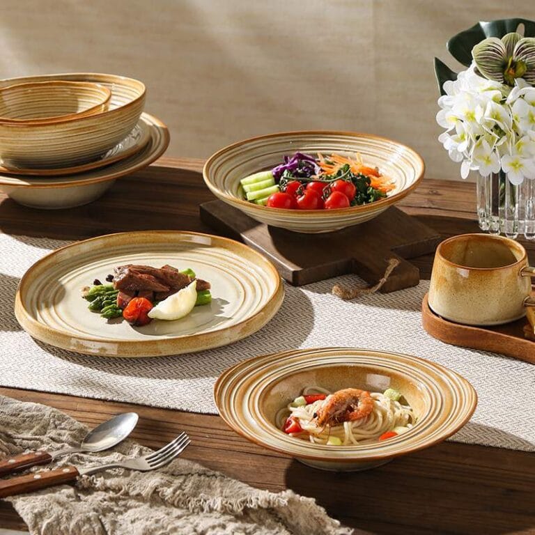 Warm Brown Stripe Vintage Stoneware Ceramic Tableware Set