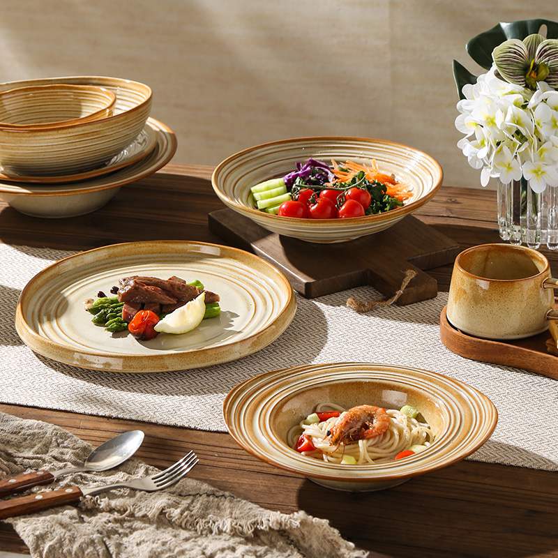 Warm Brown Stripe Vintage Stoneware Ceramic Tableware Set