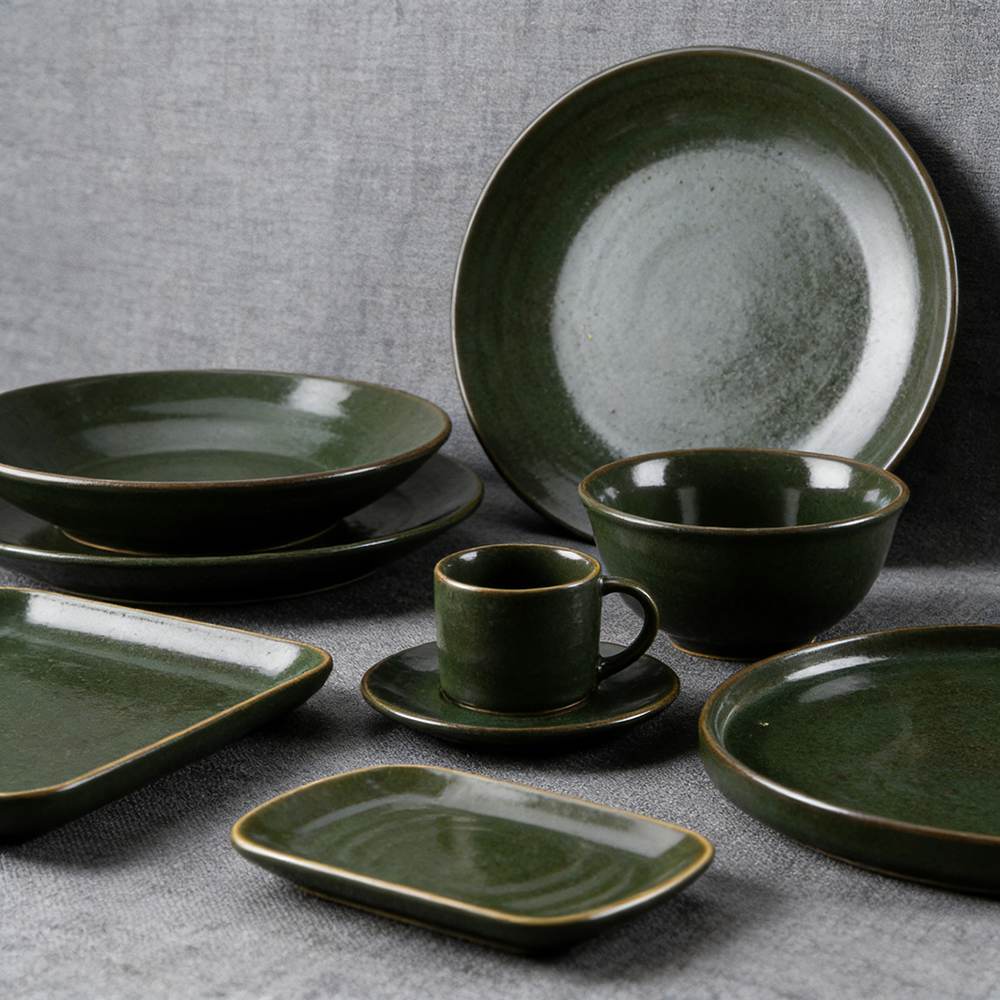 Dark Ink-Green Grain Glaze Ceramic Tableware Set