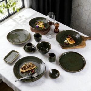 Dark Ink-Green Grain Glaze Ceramic Tableware Set