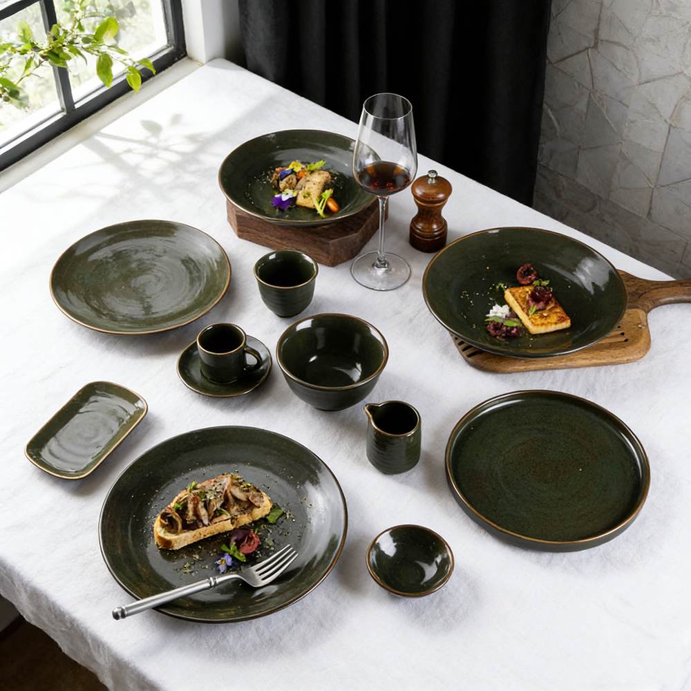 Dark Ink-Green Grain Glaze Ceramic Tableware Set