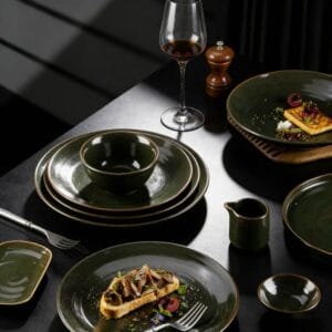Dark Ink-Green Grain Glaze Ceramic Tableware Set