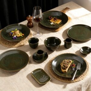 Dark Ink-Green Grain Glaze Ceramic Tableware Set