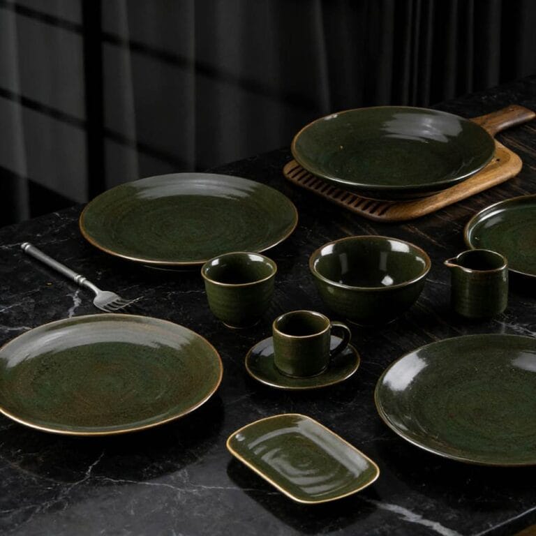 Dark Ink-Green Grain Glaze Ceramic Tableware Set