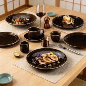 Dark Brown Swirl Color-Block Glaze Ceramic Dinnerware Set