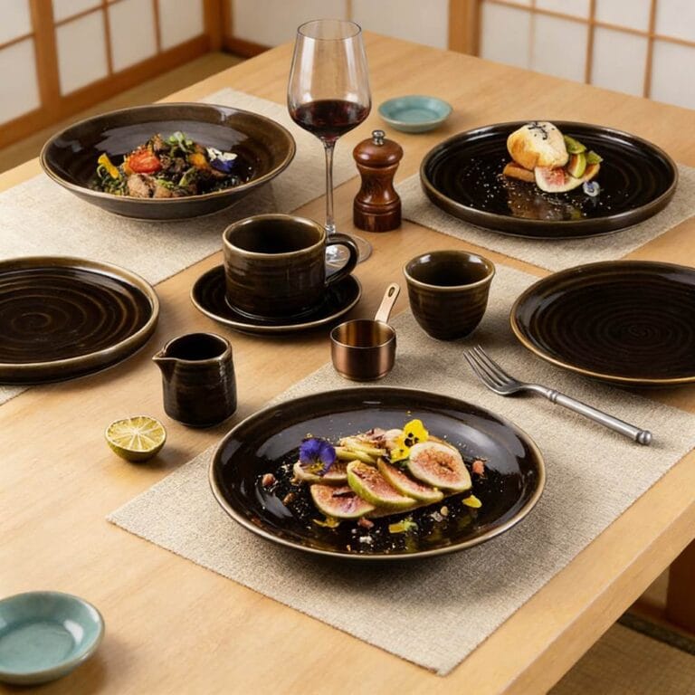 Dark Brown Swirl Color-Block Glaze Ceramic Dinnerware Set