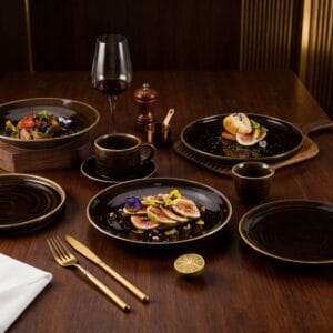 Dark Brown Swirl Color-Block Glaze Ceramic Dinnerware Set