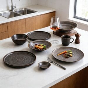 Dark Brown Swirl Matte Glaze Ceramic Tableware Set